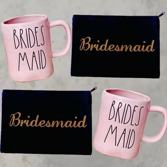 NWT Rae Dunn Gorgeous 4 Pcs 2 Mugs & 2 Cosmetics bags BRIDESMAID Pink Black Gold - Picture 1 of 12